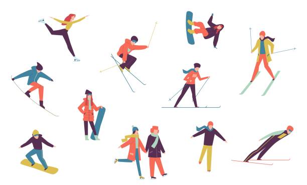 ilustraciones, imágenes clip art, dibujos animados e iconos de stock de gente de deportes de invierno. incluye elementos aislados de patinador de hielo, snowboarder y esquiador. actividades de vacaciones de invierno conjunto de vectores - snowboarding snowboard women teenager