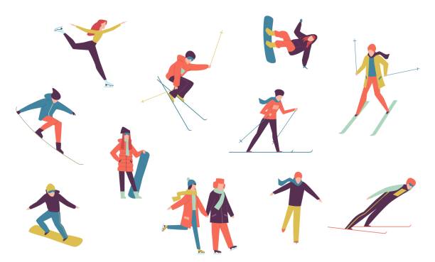 ilustrações, clipart, desenhos animados e ícones de povos do esporte do inverno. incluindo patinadora de gelo, snowboarder e elementos isolados esquiador. férias de inverno atividades vetor conjunto - snowboarding snowboard women teenager