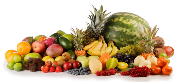 istock Fresh fruits pile on white 1181001799