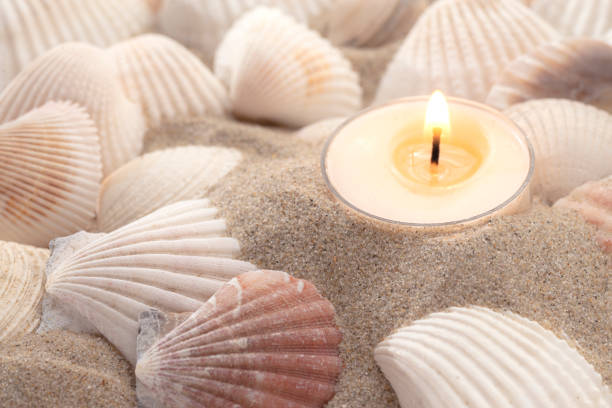 Spa still life - candle and shells in sand