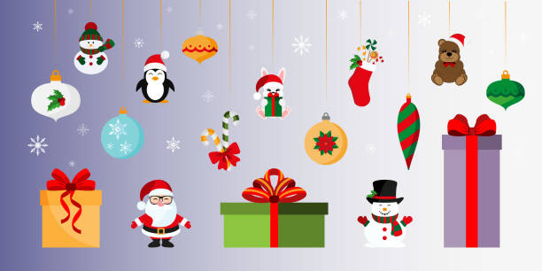 贈り物やおもちゃクリスマスと新年ステッカー、ピン、パッチ。ベクトルアイコン フラットデザイン。 - google penguin点のイラスト素材／クリップアート素材／マンガ素材／アイコン素材