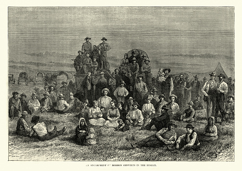 Vintage engraving of a Encampment of Mormon converts in the desert, 19th Century