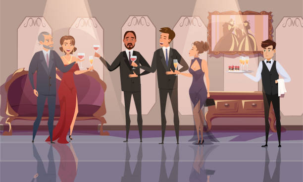 ilustrações de stock, clip art, desenhos animados e ícones de prestigious, vip party flat vector illustration - high society men tuxedo party