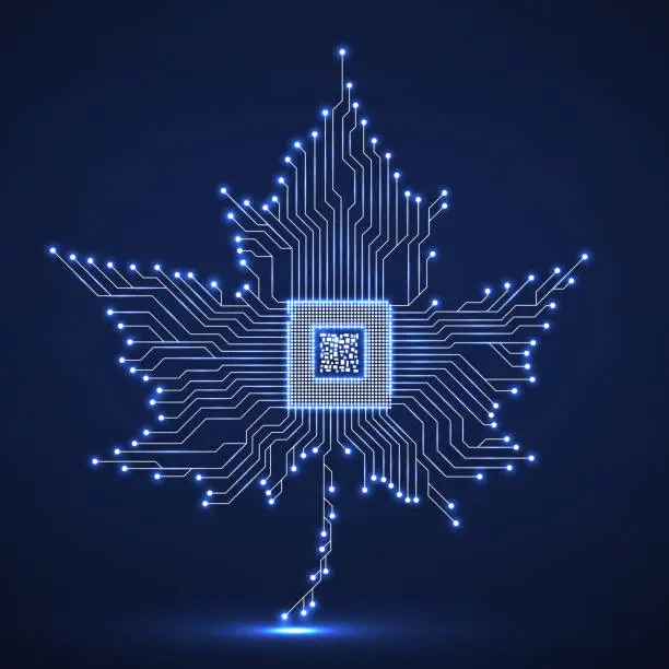 Vector illustration of Abstract neon maple leaf with microprocessor inside