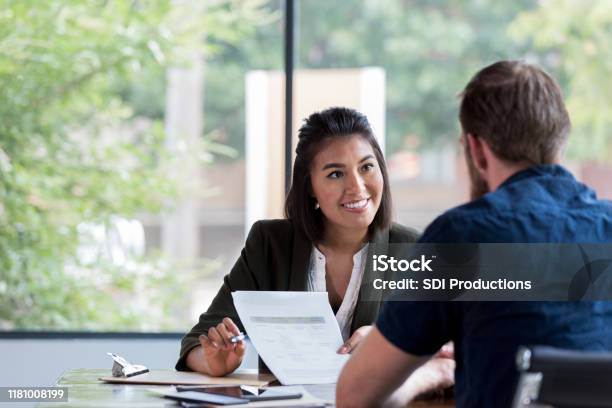 Cheerful Businesswoman Meets With Client Stock Photo - Download Image Now - Advice, Financial Advisor, Banking