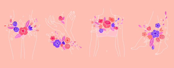 ilustrações, clipart, desenhos animados e ícones de tema da saúde fêmea. corpo da mulher no conceito das flores. ilustração do período das mulheres. - breast cancer