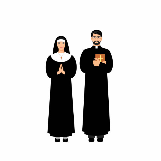 ilustraciones, imágenes clip art, dibujos animados e iconos de stock de sacerdote católico y monja. - nun praying clergy women