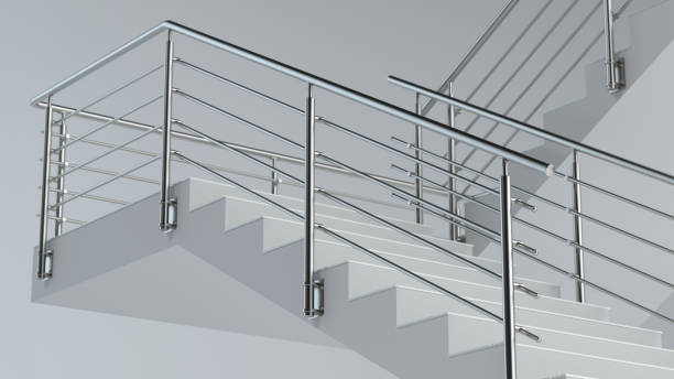 Stairs and stainless steel railing 3D illustration balustrade stock pictures, royalty-free photos & images