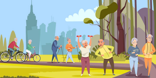 행복한 은퇴 플랫 벡터 일러스트 - running cheerful outdoors senior couple stock illustrations