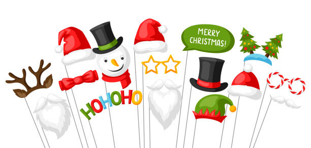 ilustraciones, imágenes clip art, dibujos animados e iconos de stock de accesorios de la cabina de fotos de feliz navidad. - santa claus christmas glasses mustache