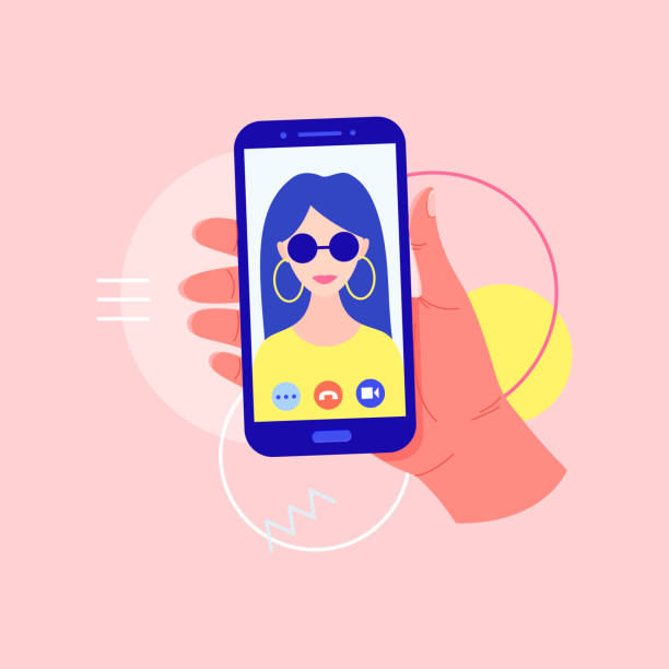 オンラインビデオ通話アプリのコンセプト、スマートフォンでオンラインチャットビデオ、孤立したアイコン。画面上の若い女の子とのビデオチャット。 - 自分撮り点のイラスト素材／クリップアート素材／マンガ素材／アイコン素材