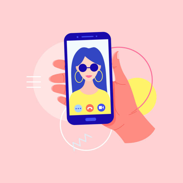 Concept of online video call app. Video chatting online on smartphone, isolated icon. Video chat with young girl on screen. Communication concept. Social networking icon with trendy geometric elements photo messaging illustrations stock illustrations