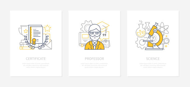 Online education - line design style icons set Online education - line design style icons set. University professor, academician idea illustrations. Science, scientific research in chemistry, biology vector isolated outline drawings science research stock illustrations