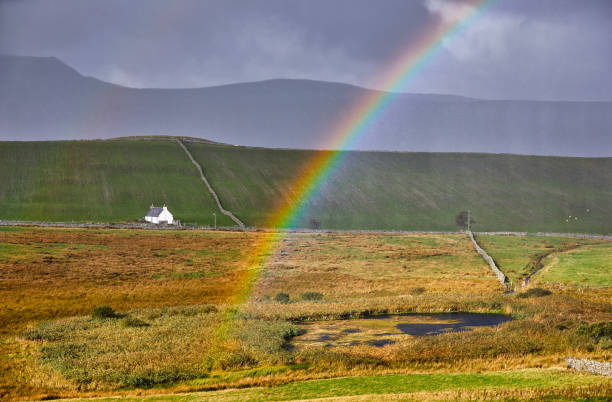 A rainbow over the landscape in scotland along the route of the north coast 500. There is a small white house in the background.