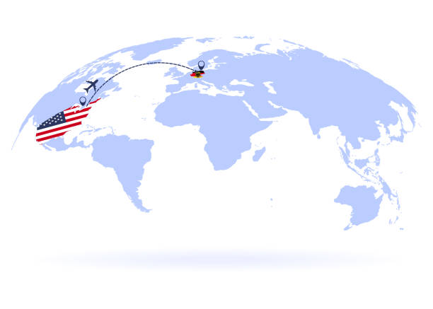 flug von usa nach deutschland über weltkarte. flugzeug kommt nach deutschland. die weltkarte. flugzeug-linienpfad. vektor-illustration. eps 10 - usa airport airplane cartography stock-grafiken, -clipart, -cartoons und -symbole