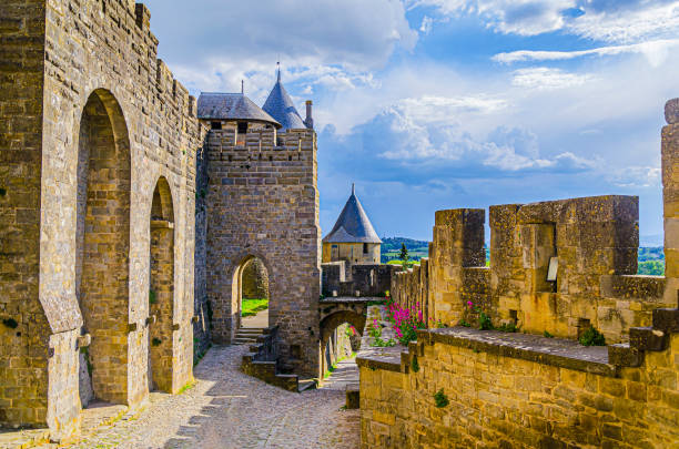 Typical landscape of a sunset in the French countryside. Carcassonne France. stock photo