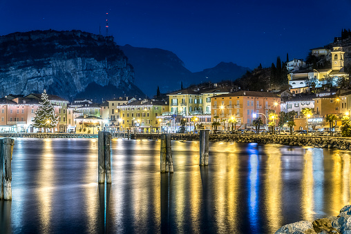 Torbole by night, Christmas night, cosy town in Trentino on Garda lake