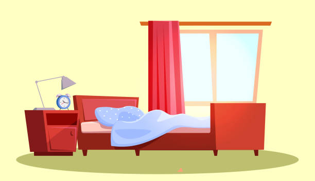 Empty bedroom interior flat vector illustration Empty bedroom interior flat vector illustration. Apartment furnishing. Cozy room with wooden bed and nightstand. Living room design interior with hanging curtain on window. Accommodation decor bedroom stock illustrations