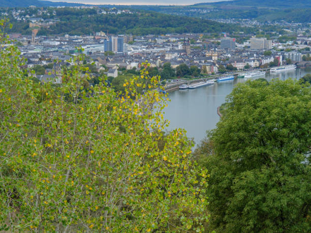 a cidade de koblenz e o rio rhine - koblenz rhine river river city - fotografias e filmes do acervo