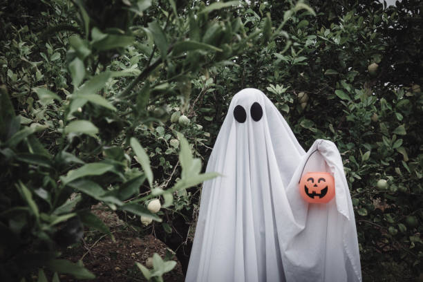 istock Ghost covered with a white ghost sheet on a forest with halloween pumpkin candy jar. 1181017123