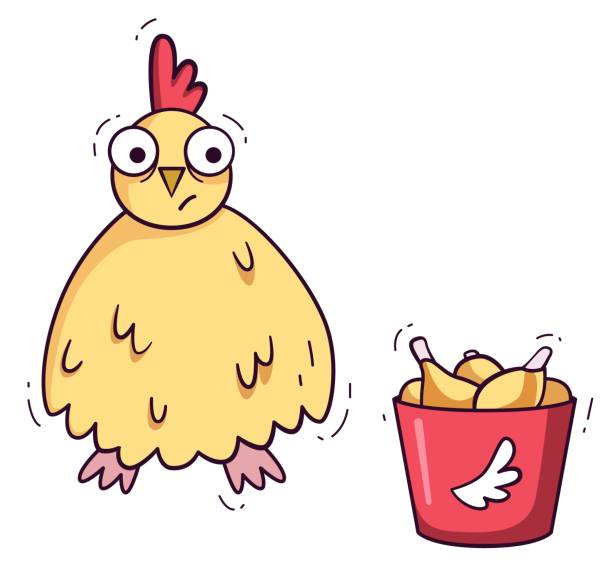 Chiken looking on cooked chiken wings Vegan activism illustration scared chicken cartoon stock illustrations