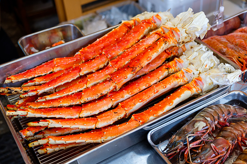 Close up Alaska King Crab legs in the Tsukiji Market Tokyo