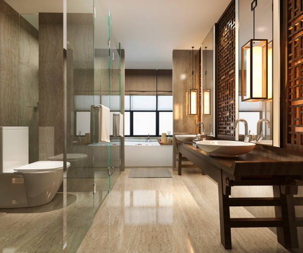 istock 3d rendering modern bathroom with luxury tile and chinese wall decor 1181024214