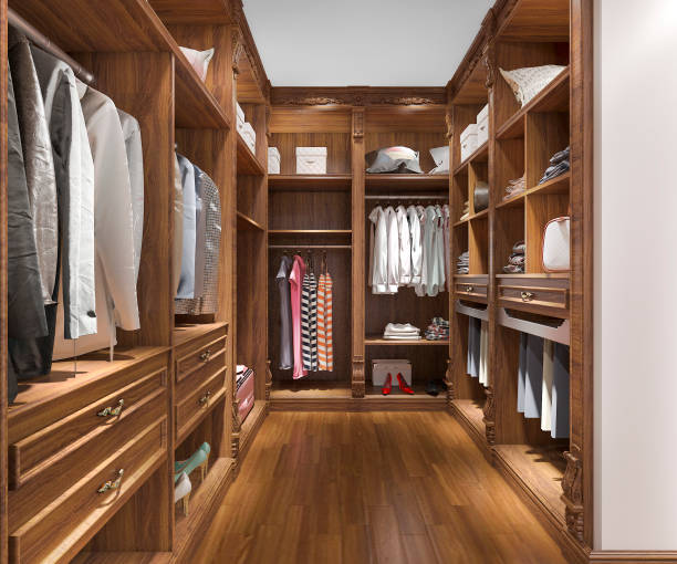 istock 3d rendering minimal scandinavian wood walk in closet with wardrobe 1181024238