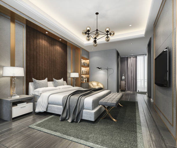 istock 3d rendering beautiful luxury bedroom suite in hotel with tv and working table 1181024267