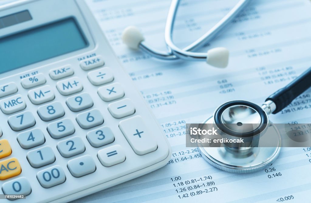 Medical finance insurance Hospital, Bank, Medical Building, Healthcare And Medicine, Calculator Healthcare And Medicine Stock Photo