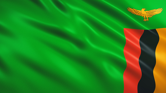 Dominica flag wave close up. Full page Dominica flying flag. Highly detailed realistic 3D rendering.