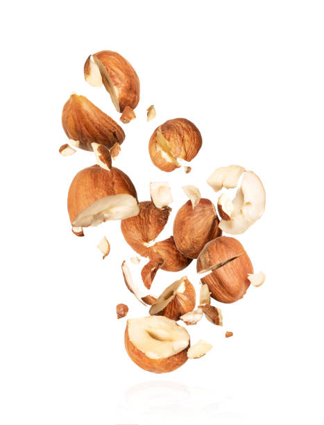 istock Randomly frozen crushed hazelnuts in the air on a white background 1181025714
