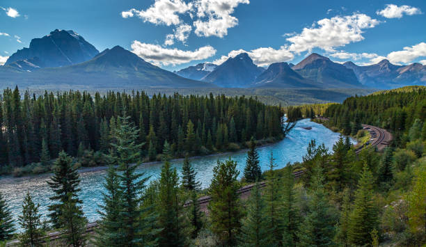 Iconic Morants Curve Viewpoint Iconic view of Morants Curve where the Canadian Pacific Railway runs along the stunning Bow River with the beautiful Canadian Rockies in the background, Banff National Park, Alberta, Canada passenger train stock pictures, royalty-free photos & images