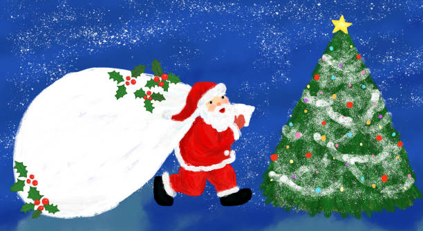 ilustrações de stock, clip art, desenhos animados e ícones de santa claus carrying a big white sack with holly and a christmas tree in a silent night - silent night illustrations