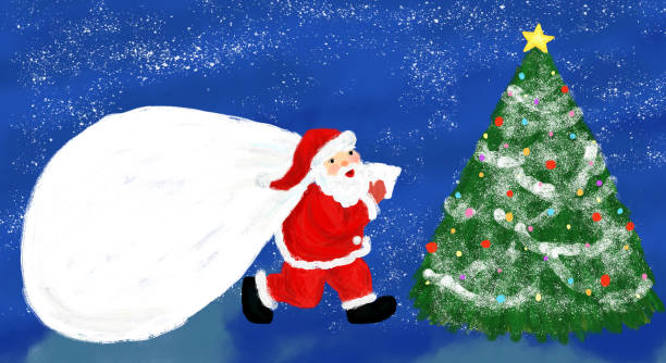 weihnachtsmann mit einem großen weißen sack und einem weihnachtsbaum in einer stillen nacht - silent night illustrations stock-grafiken, -clipart, -cartoons und -symbole