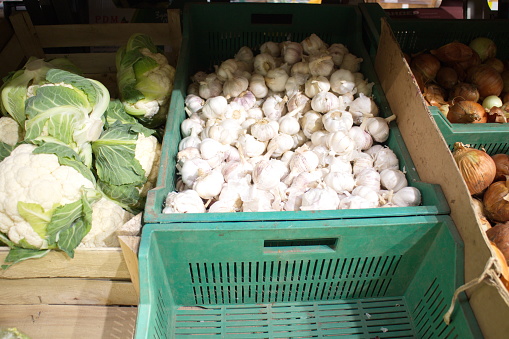 harvest of autumn garlic in a box