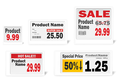 Electronic shelf label set, realistic vector mockup. Different-sized white e-paper displays for retail store price tags, template. Information monitor screen, mock-up.