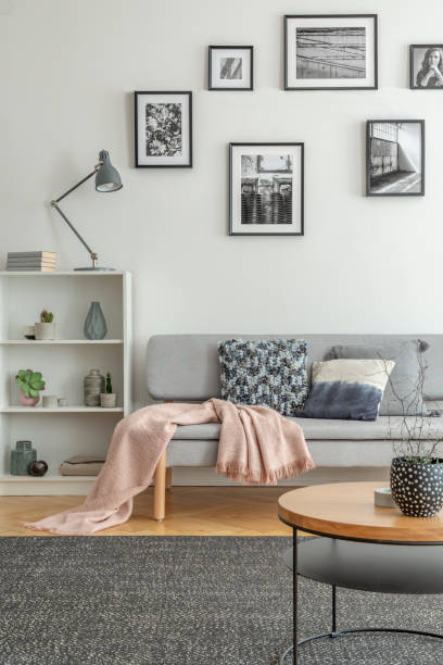 istock Bookshelf with knick knacks next to comfortable grey sofa in chic living room 1181030876