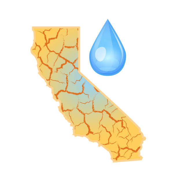 illustrazioni stock, clip art, cartoni animati e icone di tendenza di la california ha bisogno di acqua. concetto di scarsità d'acqua. siccità in california e una goccia d'acqua. illustrazione vettoriale, sfondo bianco isolato. - desert dry land drought