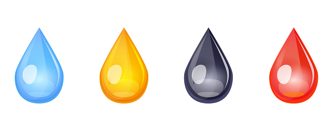 Drops icon set in falling liquid form, blue, yellow, black, red color. Simple Vector collection of oil, blood, petroleum, water, ink, tear, juice droplets isolated on white background.