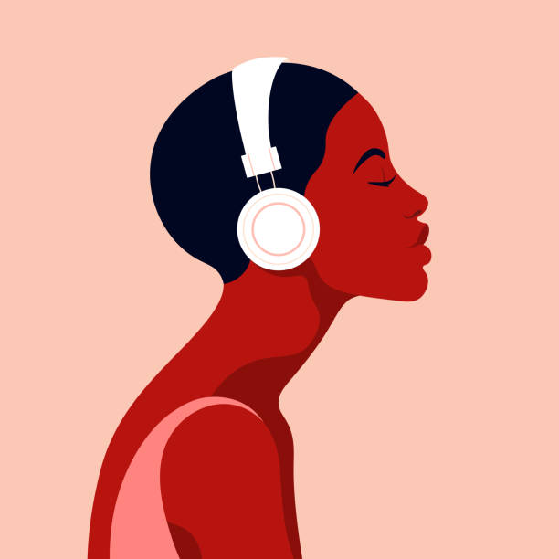 The girl listens to music on headphones. Music therapy. Profile of a young African woman. Musician avatar side view. The girl listens to music on headphones. Music therapy. Profile of a young African woman. Musician avatar side view. Vector flat illustration listening illustrations stock illustrations