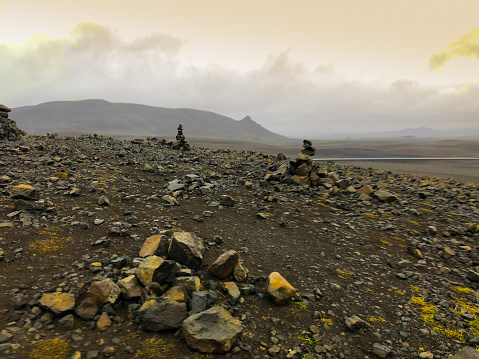 Volcanic Landscape with cairns in Northeast Iceland