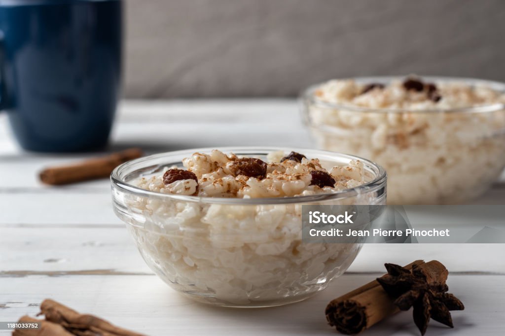 Peruvian rice with milk dessert with cinnamon, Traditional sweet food. Arroz con leche. peruvian food Bowl Stock Photo