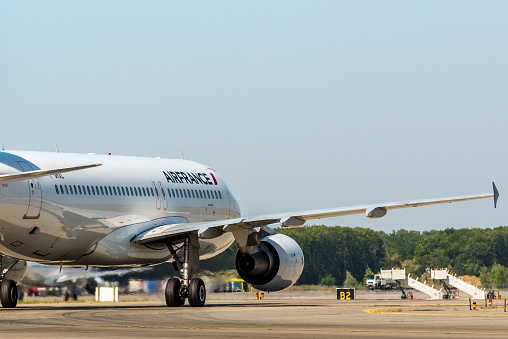 KYIV, UKRAINE - SEPTEMBER 10, 2019: Airfrance airways aircraft lands at Airport. The world's largest airlines.