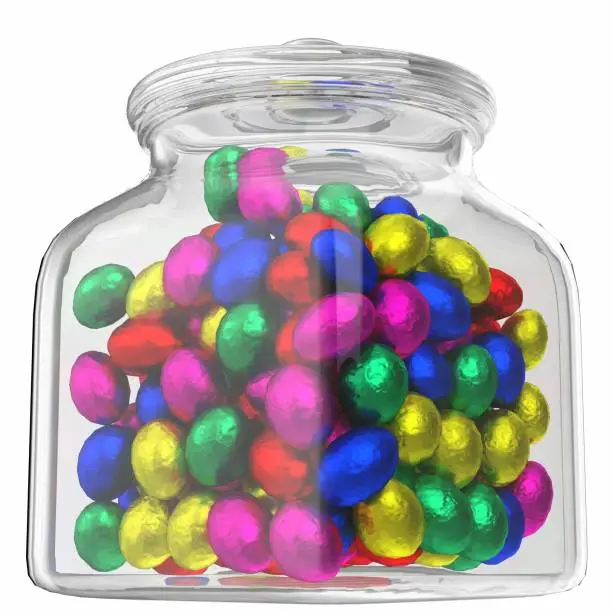 3D rendering illustration of a glass jar filled with chocolate eggs