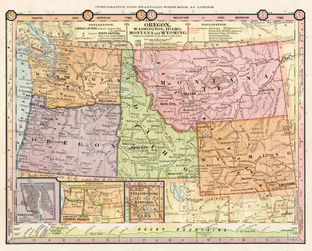 karte von oregon, idaho, wyoming staaten 1886 - montana map old cartography stock-grafiken, -clipart, -cartoons und -symbole