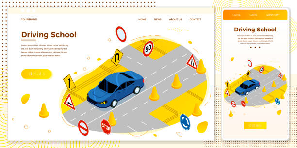 ilustrações de stock, clip art, desenhos animados e ícones de vector driving school, road with signs and cones - symbol computer icon education icon set