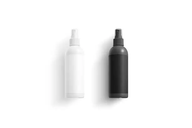 Blank black and white deodorant bottle mock up set, top view. Empty spreader flacon with transparent cap mock up. Clear healthcare plastic phial with disinfection liquid mokcup template.
