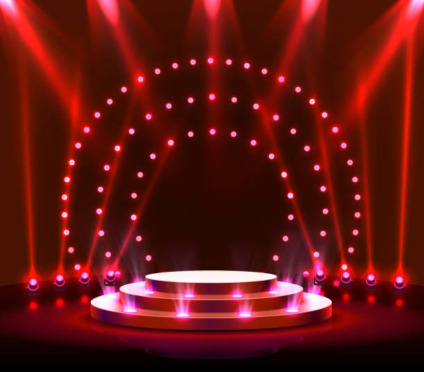 istock Stage podium with lighting, Stage Podium Scene with for Award Ceremony on red Background. 1181039688