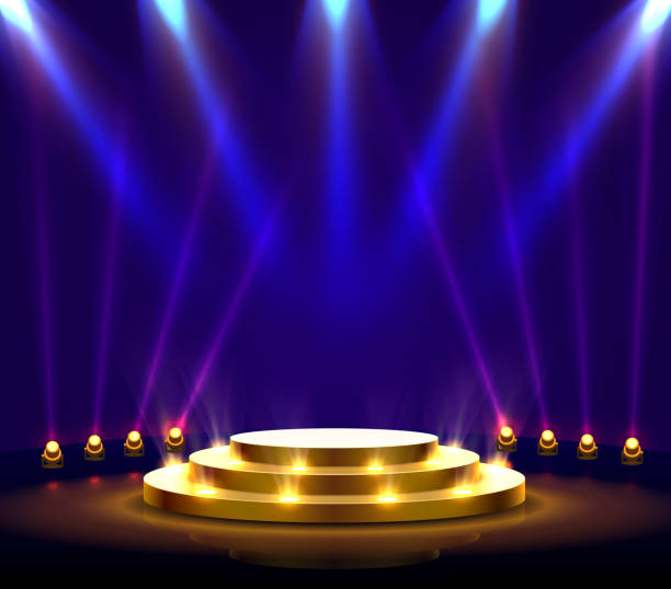 Stage podium with lighting, Stage Podium Scene with for Award Ceremony on blue Background. Stage podium with lighting, Stage Podium Scene with for Award Ceremony on blue Background. Vector illustration lit match stock illustrations